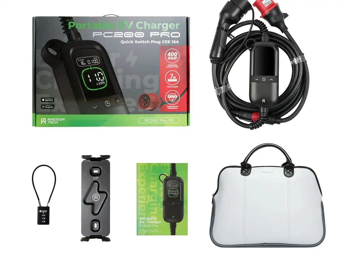 Rheidon PC200 Pro elektromos autó állítható hordozható töltő – (3x16A) 11 kW – 7,5m Type2 kábellel